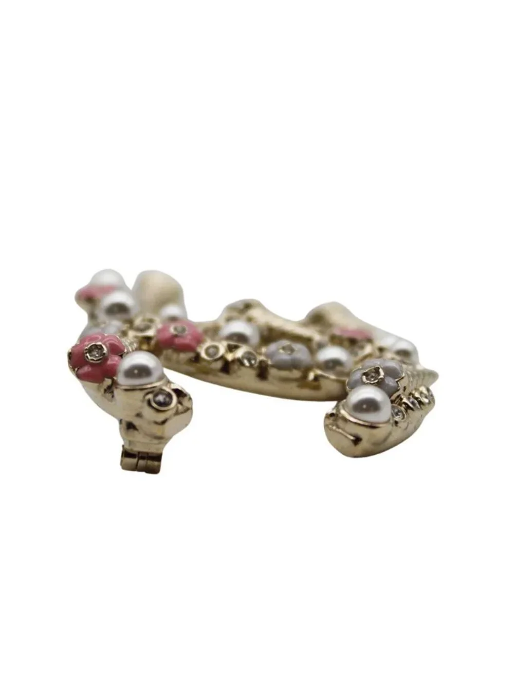 Chanel Brooch Metal Rhinestone CC Logo Gold Pink Pearl Flower